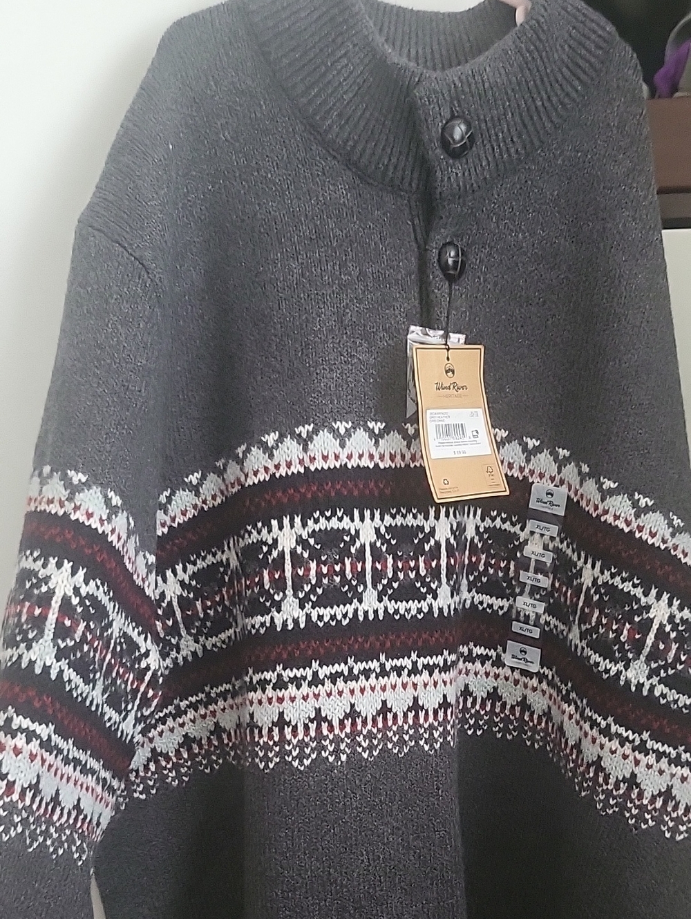 Men's Dark Gray Turtleneck Fair Isle Sweater with Button Neck